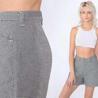 Houndstooth Shorts 90s Lee Trousers Shorts Brown White Checkered Print High Waisted Rise Preppy Retro Summer Boho Vintage 1990s Small S 26 