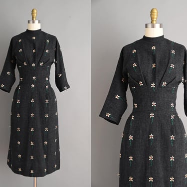 vintage 1950s Dress | Katlynn Grey Wool Embroidered Floral Fall Winter Wiggle Dress | Small 