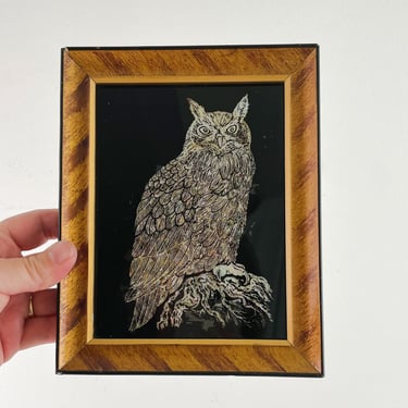 Vintage Mother of Pearl Framed Owl Art, Black with Iridescent MOP Bird Wall Art 
