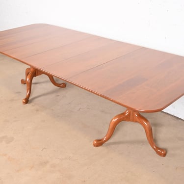 Henkel Harris Georgian Solid Cherry Wood Double Pedestal Extension Dining Table, Newly Refinished
