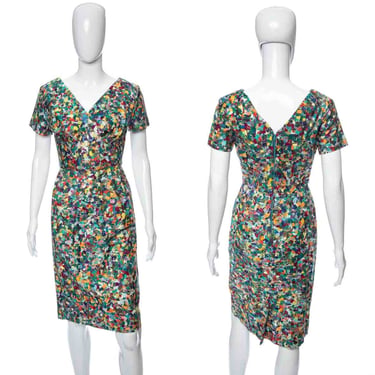 1950's Edith Flagg Multicolor Abstract Print Wiggle Dress Size S