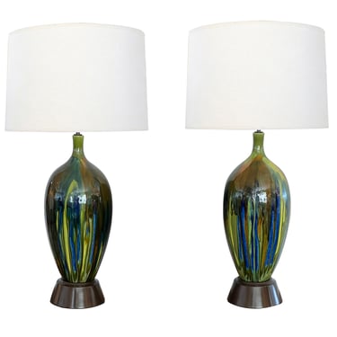 A Large Pair of American 1960s Drip-glaze Ovoid Lamps