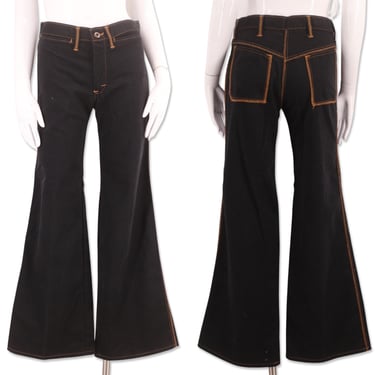 70s black high waist denim bell bottoms jeans 29  / vintage 1970s brushed cotton top stitch soft seamed flares bells pants 8 