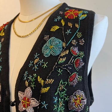 Vintage 90s Black Knit Colorful Beaded Floral Button Front Vest Size Small 