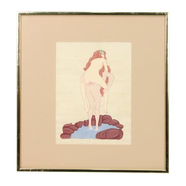 Vintage Lesbian Erotica Gouache Painting Two Female Bathers Piggy Back
