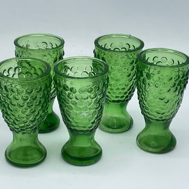 Vintage (5) Piece Green Glass Colonial Cordial Shot Glasses Hobnail Pattern 3" MCM 