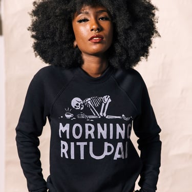 Morning Ritual Unisex Adult Crewneck Sweatshirt | Comfy Sweatshirts with Sayings | Coffee Lover | Hipster | Skulls | Funny Coffee Shirt 