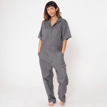 Grey Coveralls Y2K CQR Utility Overalls Short Sleeve Mechanic Boilersuit Cargo Pockets Workwear One Piece Vintage 2000s Medium M 