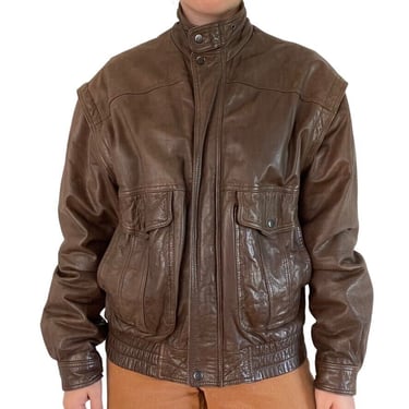 Vintage Y2K Womens Brown Distressed Leather Biker Bomber Retro Jacket Sz M 