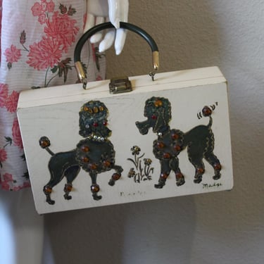 Vintage 1950's 60s Poodle purse dog Madge Box Handbag bag Lunch Pail Box 