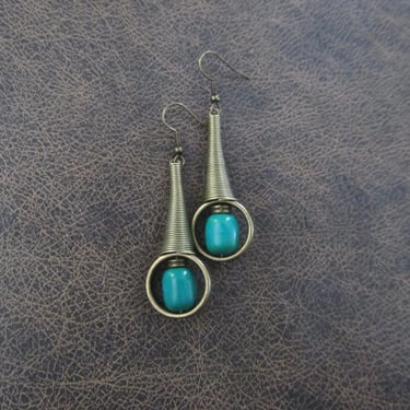 Modern earrings, rustic bronze earrings, mid century modern earrings, unique statement earrings, primitive ethnic earrings, green magnesite 