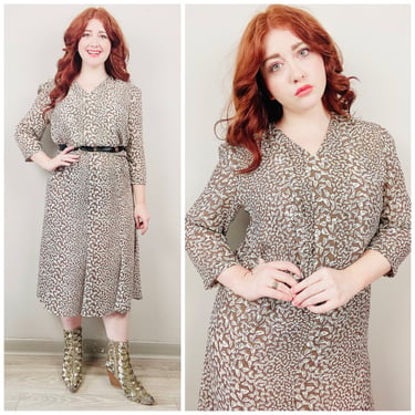 1990s Vintage Liz Roberts Brown and Cream Butterfly Print Dress / 90s / Nineties Elastic Waist Papillion Trumpet Skirt Dress Size Large / XL 