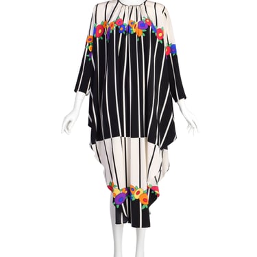 Adolfo Vintage Black White Striped Colorful Graphic Floral Silk Caftan Dress
