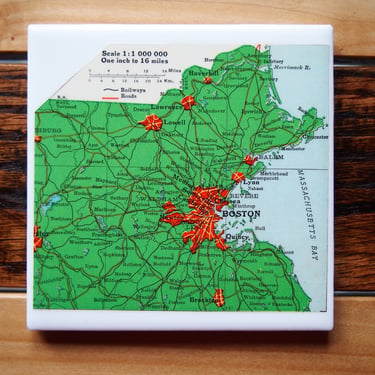 1939 Boston Massachusetts Map Coaster. Boston Map. Vintage Massachusetts. Gift Housewarming. Cambridge. East Coast. Quincy Massachusetts Bay 