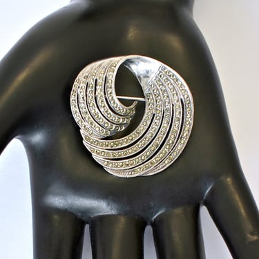 Big 40's Hollywood Regency sterling pyrite swirl brooch, striking brushed 925 silver marcasite ribbon pin 