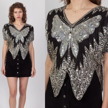 Vintage 80s Silver Sequin Silk Butterfly Blouse - One Size | Retro Black Beaded Metallic Disco Top 