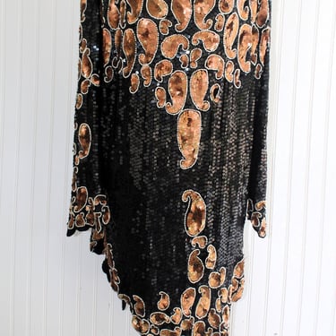 Express Yourself - 1980s - Beaded / Sequin - Black and Copper - Silk -  Cocktail Dress- Tunic - by Harry and Harry - 