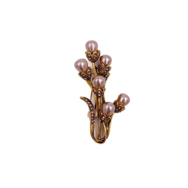 Vintage Pearl Floral Bouquet Brooch with Rhinestones 