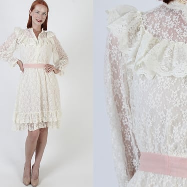 Victorian Wedding Dress, Sheer Cream Floral Lace, Bridal Off White Gown, Edwardian Ruffle Capelet 