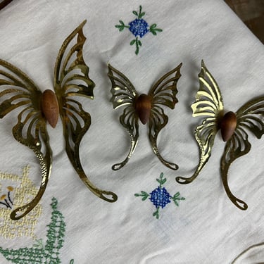 Vintage 1970s Brass and Copper 3D Butterfly Flowers Wall Sculptures Hangings 