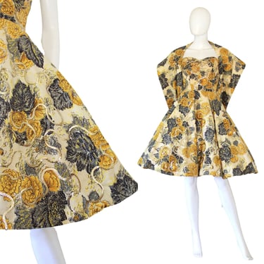 GORGEOUS 1950s Blue & Yellow Floral Dress with Sequins and Matching Wrap - 1950s Fit and Flare Dress - 1950s Cocktail Dress | Size Small 