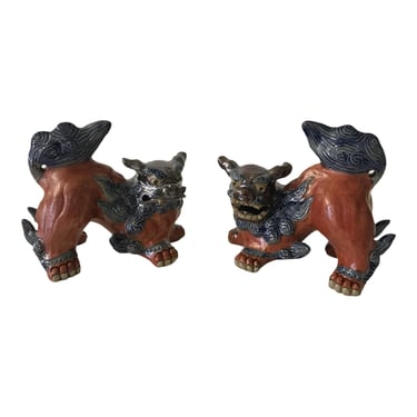 Vintage 7” Stoneware Ceramic Foo Dogs | Pair | Guardian Shishi Lion Figurines || Asian Pottery Art Protection Statues 