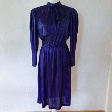 Late 70s/Early 80s Blue Striped High Neck Dress | Small/Medium 