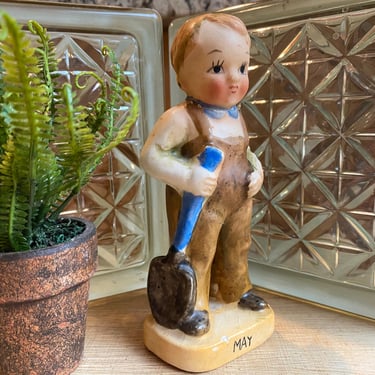 Vintage May Birthday Boy Figurine, Gardener, Garden Lover, Boy In Overalls, Boy Holding Shovel, May Birthday Figurine 