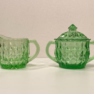 Jeanette Windsor Green Uranium Glass Sugar & Creamer Set 