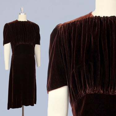 1930s Dress / 30s 40s Dark Brown Silk Velvet Dress / Heavily Ruched Bodice / Puffed Sleeve 