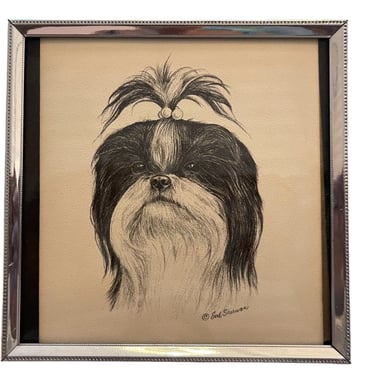 Vintage 1960s Mid Century Modern Shi-Tzu Signed Litho by Leslie 5”x5” 