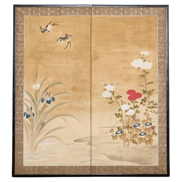 Japanese Showa Two Panel Screen Songbirds Amid Flowers