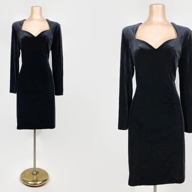 VINTAGE 90s Black Stretch Velvet Bombshell Dress by Niki Livas Sz 12 | 1990s Sweetheart Long Sleeve Cocktail Dress | VFG 