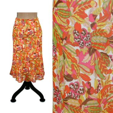 90s Vintage Floral Skirt Medium, Rayon Midi Skirt, Elastic Waist Bias Cut, Bohemian Print Flowy Boho Spring Summer, 1990s Clothes for Women 
