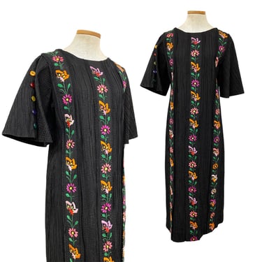 Vtg 60s 1960s Wedding Black Rainbow Embroidered Mexican Pintuck Maxi Dress 