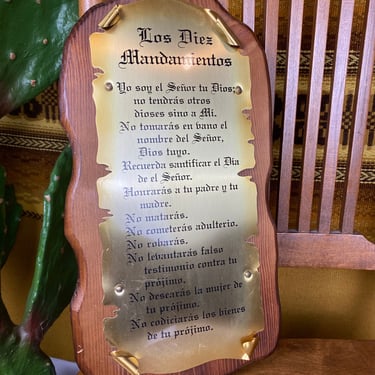 Vintage 1970s “The Ten Commandments” Wood and Brass Plaque Spanish 