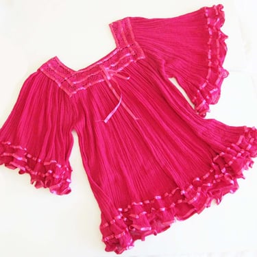 Mexican Gauze Cotton Tunic Top Magenta Dark Pink  M - Boho Angel Sleeve Ruffle Blouse - Hippie Crochet Lace Shirt 