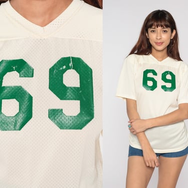 80s Football Shirt 69 Numbered Shirt Cream Mesh Sports Tshirt Athletic T Shirt Short Sleeve 1980s Retro Extra Small xs 