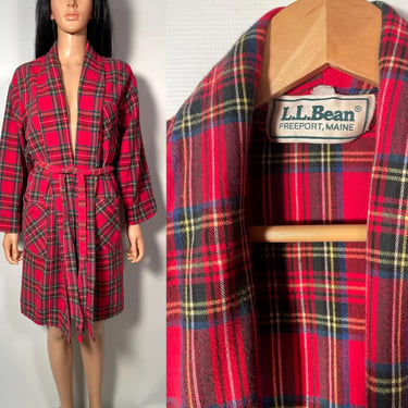 Vintage 80s/90s LL Bean Plaid Flannel Short Robe Made In USA 