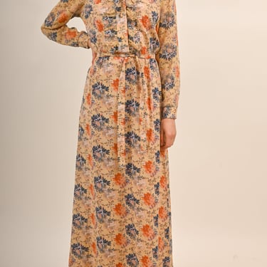 1970s Floral Cotton Maxi Shirtdress