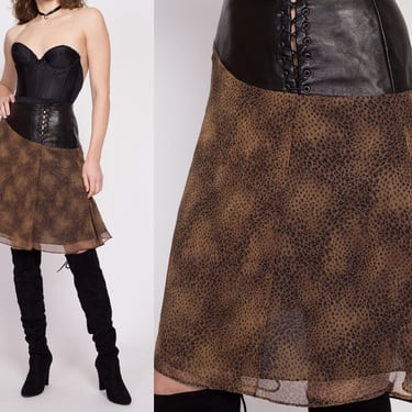 90s Black Leather & Animal Print Lace Up Skirt - Small, 27