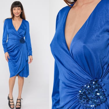 Blue Party Dress 80s Sequin Draped Midi Dress Formal Long Puff Sleeve Grecian Disco Cocktail Retro Side Slit Vintage 1980s Night Moves Small 