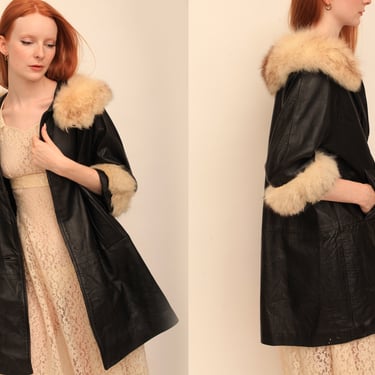 Vintage 1960s Jet Black Leather Swing Coat w/ White Fur Cuffs and Collar 