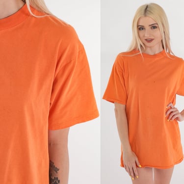 Orange T-Shirt 90s Basic Tee Plain Solid Crew Neck T Shirt Single Stitch Tshirt Retro Blank Crewneck Top Distressed Vintage 1990s Large L 