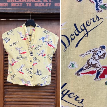 Vintage 1940’s Brooklyn Dodgers Baseball Print Custom Blouse Shirt Top, 40’s Baseball Shirt, Vintage Blouse, Vintage Top, Vintage Clothing 
