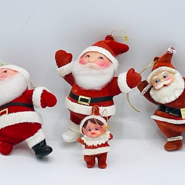 Vintage Set of (3) Flocked  Santa Claus and Small Elf  Ornaments 