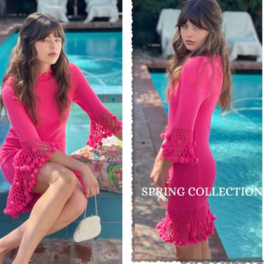 60s Hot Pink Knit Party Dress Mad Men Crochet details S M 