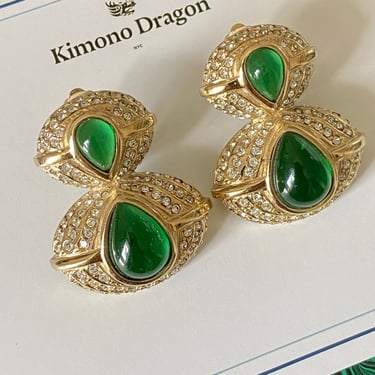 Huge High End Poured Green Glass Diamond Pave Statement Earrings