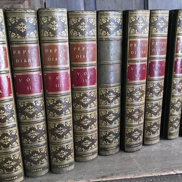 English Leather Bound Book Set of 9, Gilded, Pepys Diary, Stacking, Library Decor 