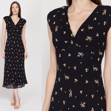 Small 90s Black Floral Bias Cut Maxi Dress | Vintage Jones New York Cap Sleeve Slinky Boho Sundress 